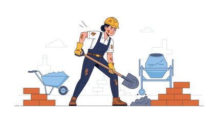 Building Progress: A construction worker meticulously shovels a pile of material with determined focus, a wheelbarrow and brick wall hints at construction, symbolizing progress. 