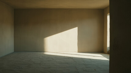 A minimalist room with beige walls and light streaming through a window creating a bright triangle shape