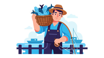 Fisherman's Bounty: An illustration of a fisherman triumphantly carrying a basket brimming with freshly caught fish, set against a coastal backdrop with boats and fishing rod.