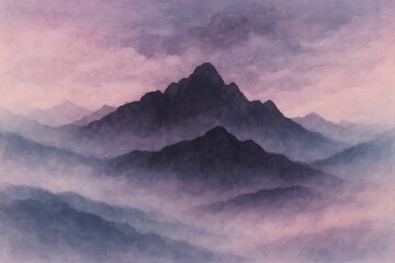 Fototapeta premium Serene Mountain Landscape with Misty Hills and Soft Purple Sky at Dawn or Dusk