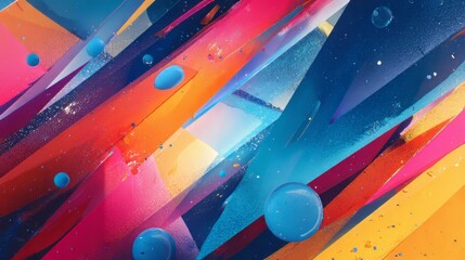 Vibrant abstract painting with bold brushstrokes and floating spheres, creating a dynamic and colorful composition on a textured surface art