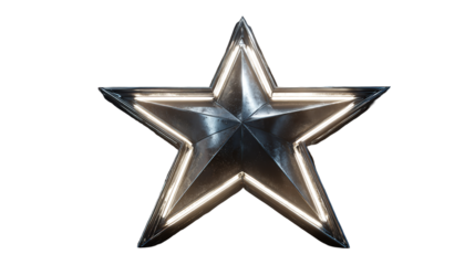 Gleaming silver star with neon edging shining on transparent background