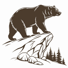 Brown Bear Standing On Cliff Edge Silhouette With Pine Trees On White Background grizzly bear animal