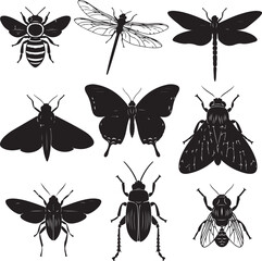 Diverse Collection of Insect Silhouettes Featuring Bees, Dragonflies, Butterflies, Moths, Beetles, and Flies Depicted in a Bold Graphic Style
