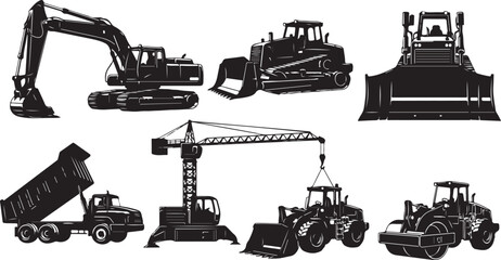 Obraz premium Construction Vehicles Silhouette Set Heavy Machinery Equipment for Building and Infrastructure Projects Design Templates