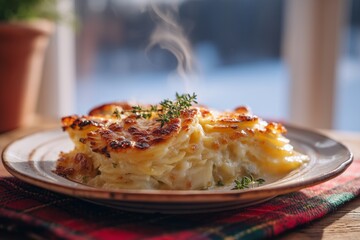 Fototapeta premium Deliciously baked creamy potato gratin served on a rustic plate, garnished with fresh herbs, showcasing golden crust and steam rising in a cozy kitchen setting