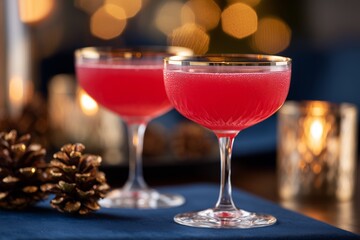 Fototapeta premium Two elegant cocktail glasses filled with vibrant pink drink are placed on a blue tablecloth, surrounded by pine cones and soft glowing lights, creating a festive atmosphere