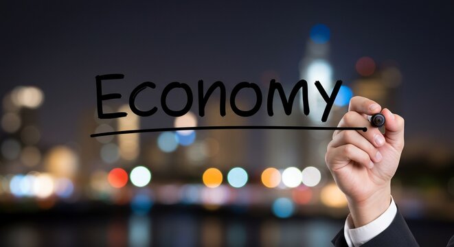 Economy written on glass with city lights bokeh background by a businessman - Powered by Adobe