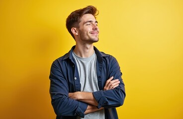 Fototapeta premium Young man in contemplative pose, arms crossed, eyes closed, smiling slightly, dreaming of future. Yellow background, optimistic mood, confidence, and individuality.
