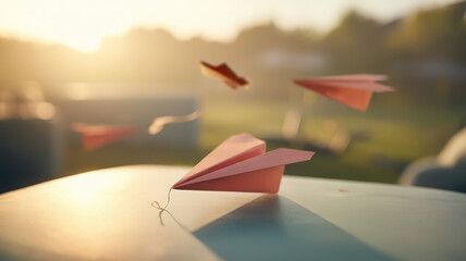 Paper airplanes flying in the air with a bright sun and green trees in the background on a summer day