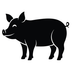 Fototapeta premium Cheerful Black Pig Silhouette with Closed Eyes on White Background swine farm animal
