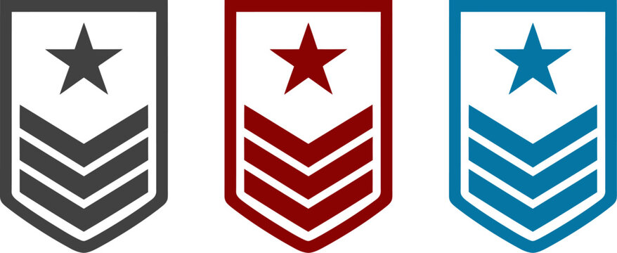 Military rank insignia with star and chevron stripes in different colors