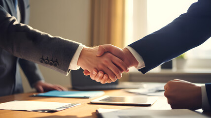 Deal Done: A dynamic close-up of a professional handshake, encapsulating a pivotal moment of agreement and cooperation in a modern business setting.