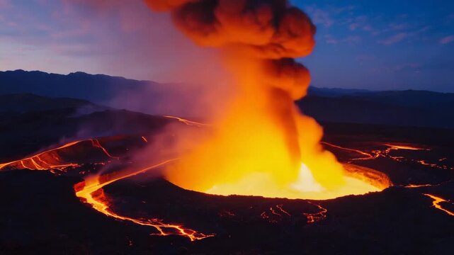 Molten lava erupting from the erta ale volcano crater in the danakil depression at dusk, creating a stunning landscape filled with vibrant colors, fire, and swirling smoke