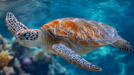 Obraz premium Closeup of a turtle swimming underwater in the blue ocean