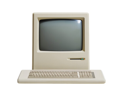 Retro 1980's computer cpu and keyboard, isolated on white or transparent background