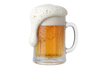 Refreshing ice cold beer in a frosty mug with overflowing foam