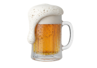 Refreshing ice cold beer in a frosty mug with overflowing foam