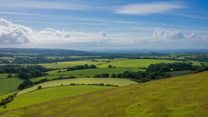 Fototapeta premium Verdant rolling hills meet blue sky and distant ocean, a serene pastoral landscape in summer.