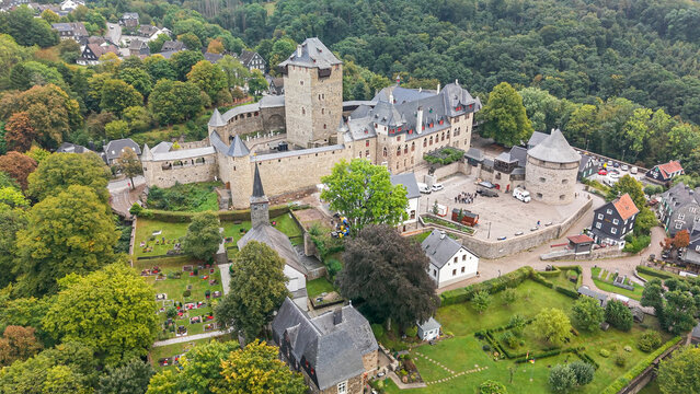 Castle Burg at Solingen region with a drone fly over during Autumn time window