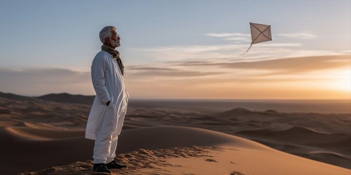 Elderly male in desert at sunset flying kite