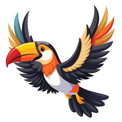 Colorful Toucan Bird with Feathered Wings Flying on White Background flight