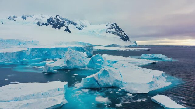 Big chunks of ice are falling off a glacier and crashing into the ocean, creating large waves and smaller icebergs, with a mountain range covered with snow in the background