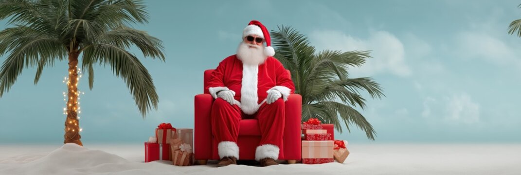 Santa claus relaxing on tropical beach with palm trees and christmas gifts - Powered by Adobe