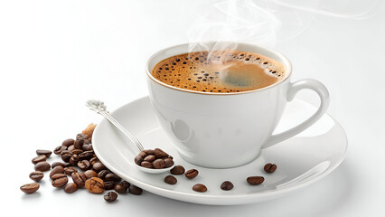 Obraz premium Freshly Brewed Hot Coffee with Steam on White Background