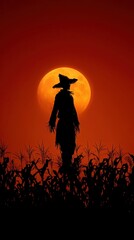 Silhouette of a Scarecrow Against a Fiery Sunset in a Cornfield.