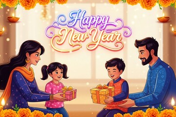Happy New Year Family Celebration. Diwali Gifts with Marigold Diya Border.