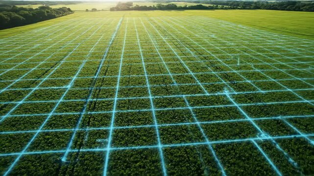 Digital grid overlay green agricultural field showcasing precision farming technology with aerial drone crop mapping and futuristic field management
