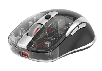 Transparent Computer Mouse Revealing Internal Components with Stylish Black and Silver Design