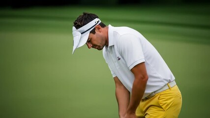 Golfer's putting stance, swing, and follow-through, showcasing precise movement and technique on green grass