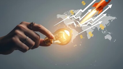 Lightbulb transforms into a rocket soaring amidst upward trending graphs and dollar signs on a world map, symbolizing business growth, financial success, and global expansion - Powered by Adobe