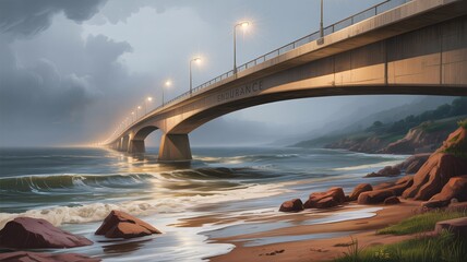 Majestic bridge symbolizing endurance spans ocean waves under dramatic sky, inspiring journeys