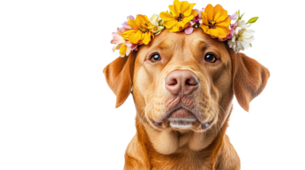 Adorable Dog with Flower Crown Portrait isolated on a Transparent or white Background