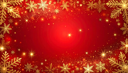 Festive red christmas background, Golden snowflakes frame a festive red background with sparkling stars, Christmas Greeting Card Banner generative AI
