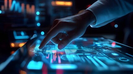 Finger touching a futuristic holographic interface with data charts technology photo
