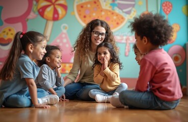 Young children engage in drama class activities, learning acting, performance skills with teacher. Diverse group of students smiling, expressing emotions in fun, creative elementary school workshop,