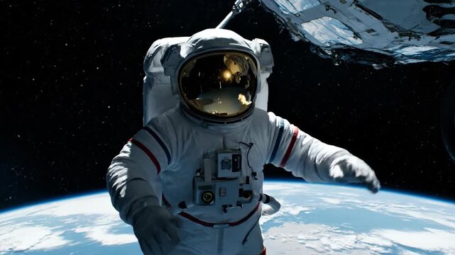 Astronaut white space suit floating orbit above Earth tethered to spacecraft helmet during spacewalk showcasing exploration and advanced technology
