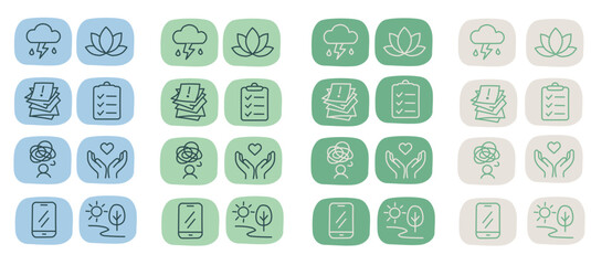 Mental Health &ndash; Paired Icons (colored Mode): Stress&harr;Relaxation, Overwhelmed&harr;Organized, Overthinking&harr;Support, Screen Time&harr;Offline
