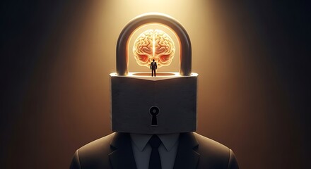 a person whose head is replaced by a padlock. Inside the padlock is a glowing brain, with a tiny figure of a man standing on it