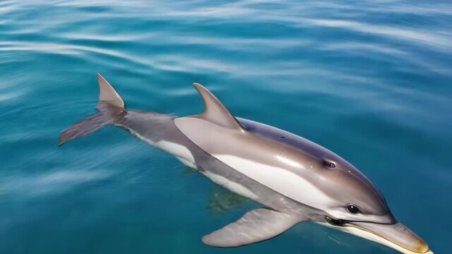 Dusky dolphin is swimming near the surface in clear blue water, showing its distinctive hourglass pattern and sleek body, with a blurred boat and possibly a person visible in the background