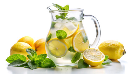 Fototapeta premium Glass pitcher of iced lemonade with mint leaves isolated on white refreshing drink