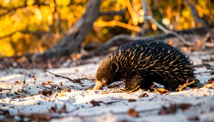 Echidna foraging on a beach