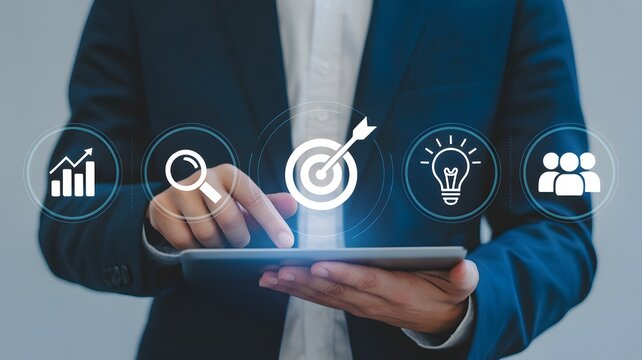 Concept of business strategy and future sustainable business finance action plan. Touching target board for creative and set up business objective target and success and business goals concept.