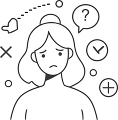 Thinking Woman icon in decisionmaking dilemma among various symbols. Suitable for business, psychology, and lifestyle designs.