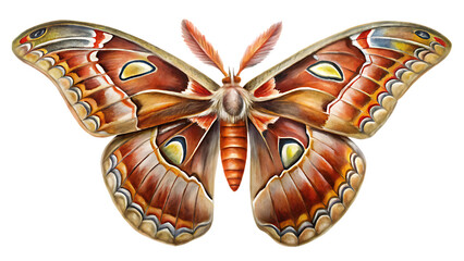 Watercolor illustration of an atlas moth isolated on transparent background, top view