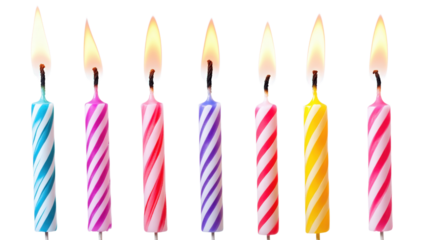 Assorted Birthday Candles with Flames isolated on a Transparent or white Background